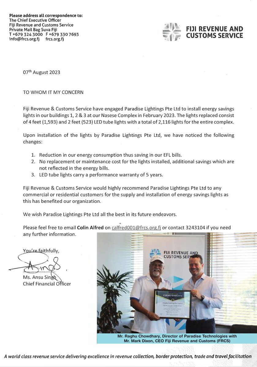 Reference letter from Fiji Revenue and Customs Service